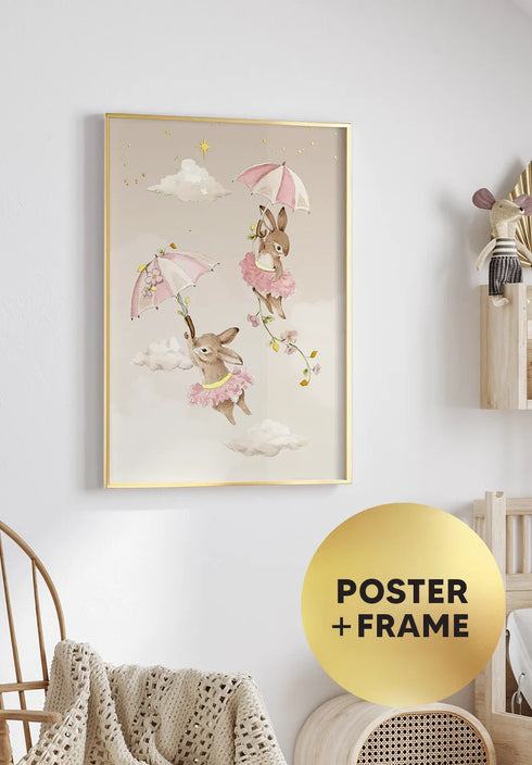 Poster Flying Bunnies Real Gold + Gold Metallic Frame 50x70cm